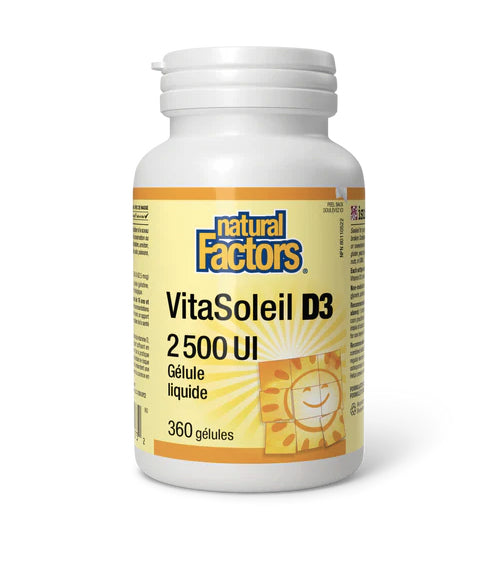 VitaSoleil - Vitamine D3 - 2500UI - Natural Factors - 360 ou 500 gélules